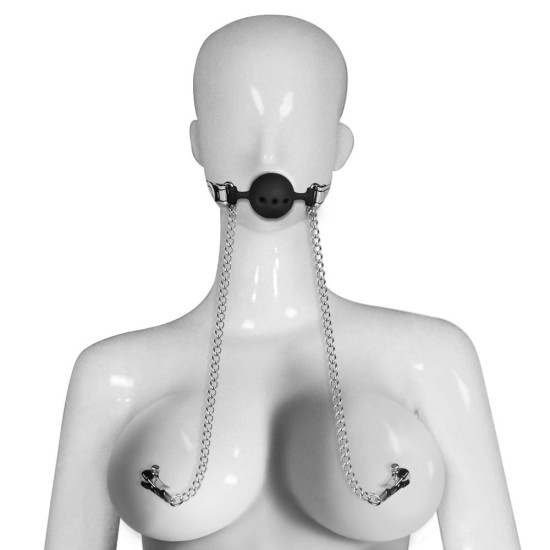 Breathable ball gag with nipple clamps